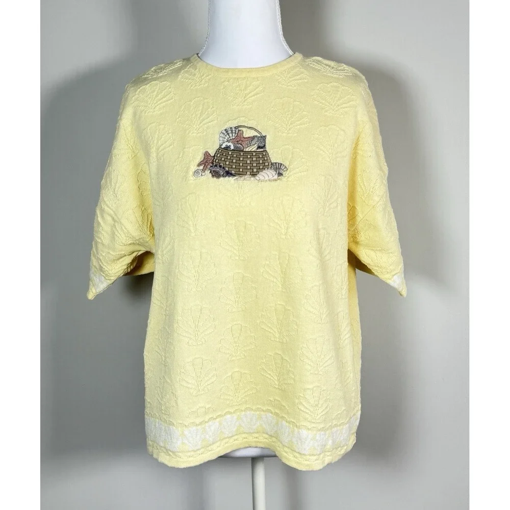 Vintage La Moda Cotton Ramie Textured Shell Motif Knit SS Sweater Yellow Sz L